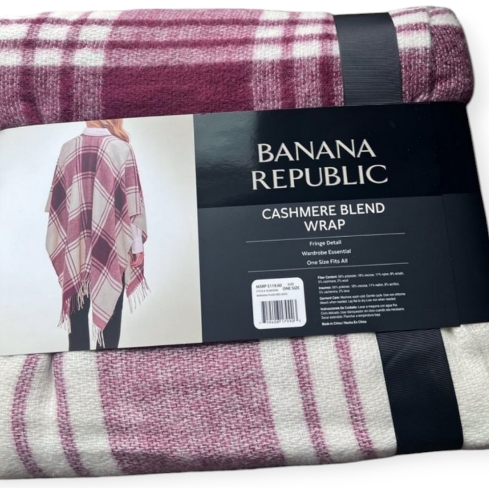 Banana Republic Cashmere Blend Wrap Fringe Detail Mariana Plaid Burgundy/White - Picture 4 of 5